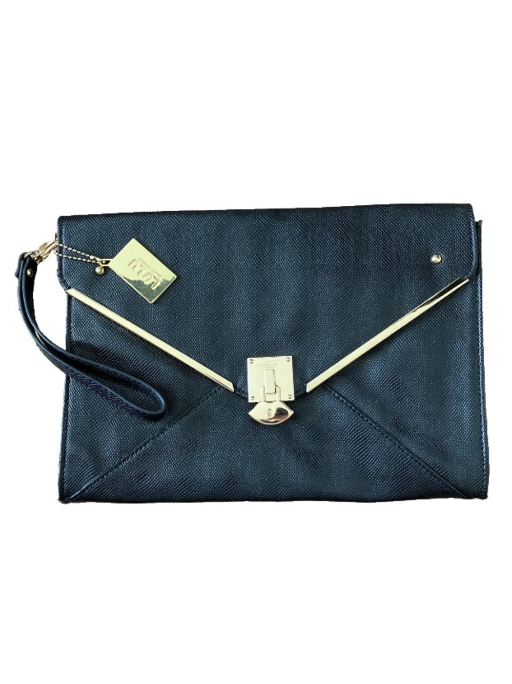 Lulu Guinness Handbag Black & Gold Envelope Bag Clutch Wristlet Vegan Embossed..